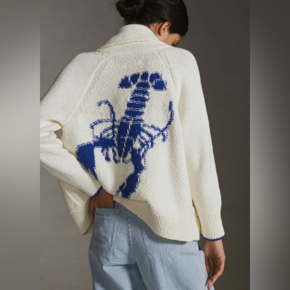 Maeve by Anthropologie Knit Lobster Cardigan with Blue Trim XL VGUC